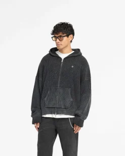 Represent Ribbed Zip Through Hoodie - Jet Black> Knitwear