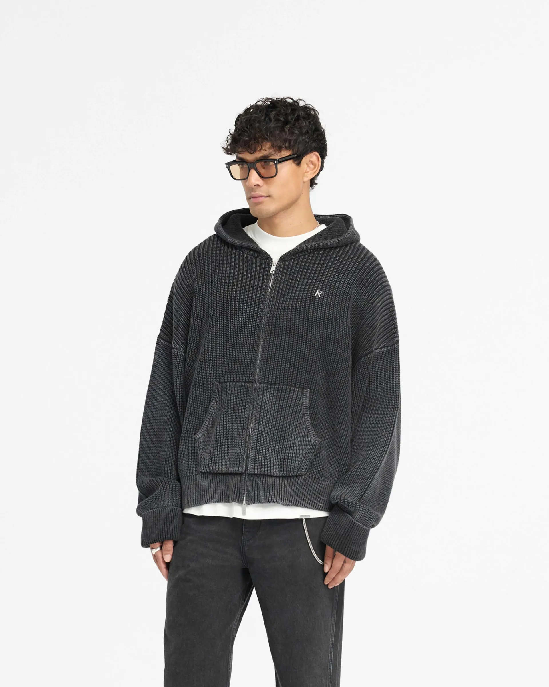 Represent Ribbed Zip Through Hoodie - Jet Black> Knitwear