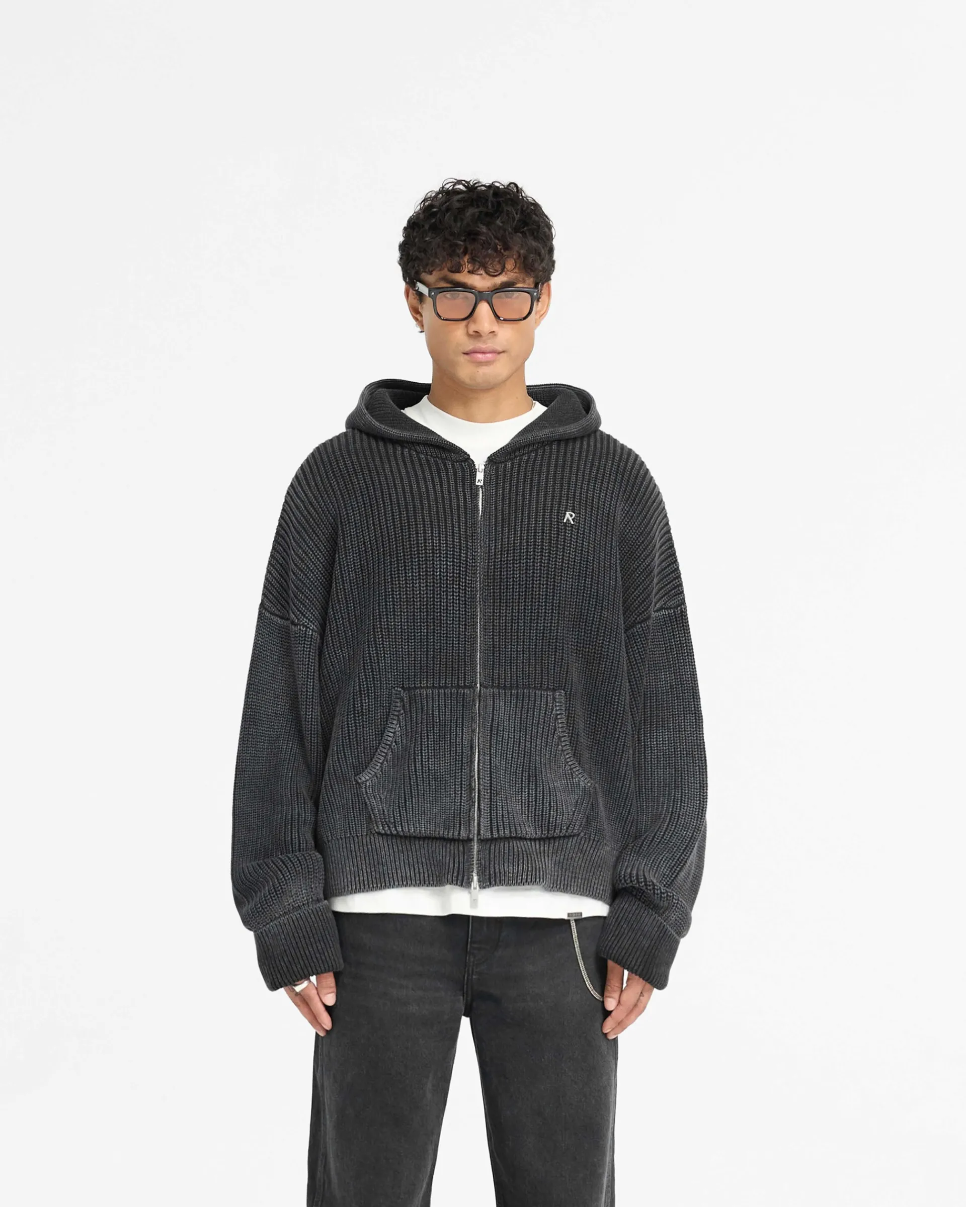 Represent Ribbed Zip Through Hoodie - Jet Black> Knitwear
