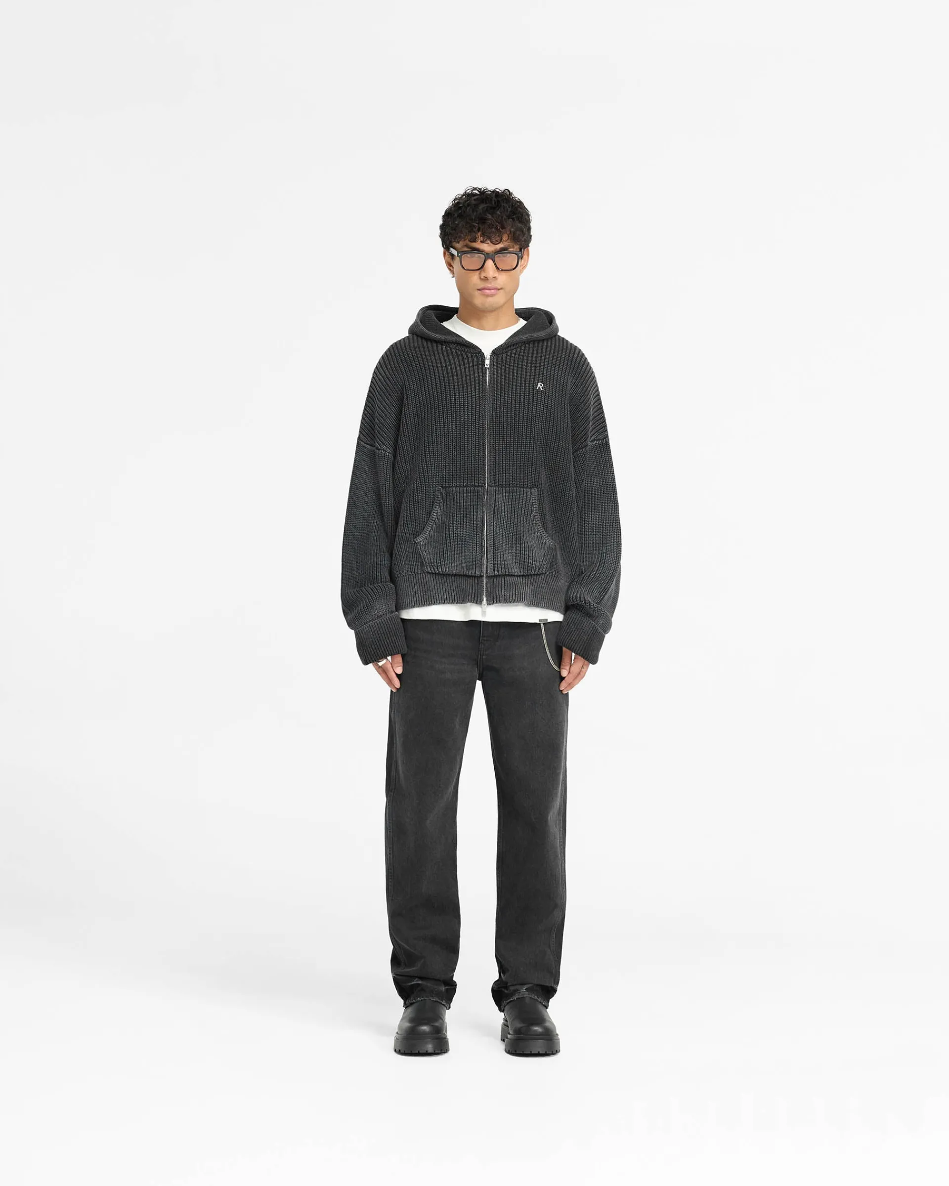Represent Ribbed Zip Through Hoodie - Jet Black> Knitwear